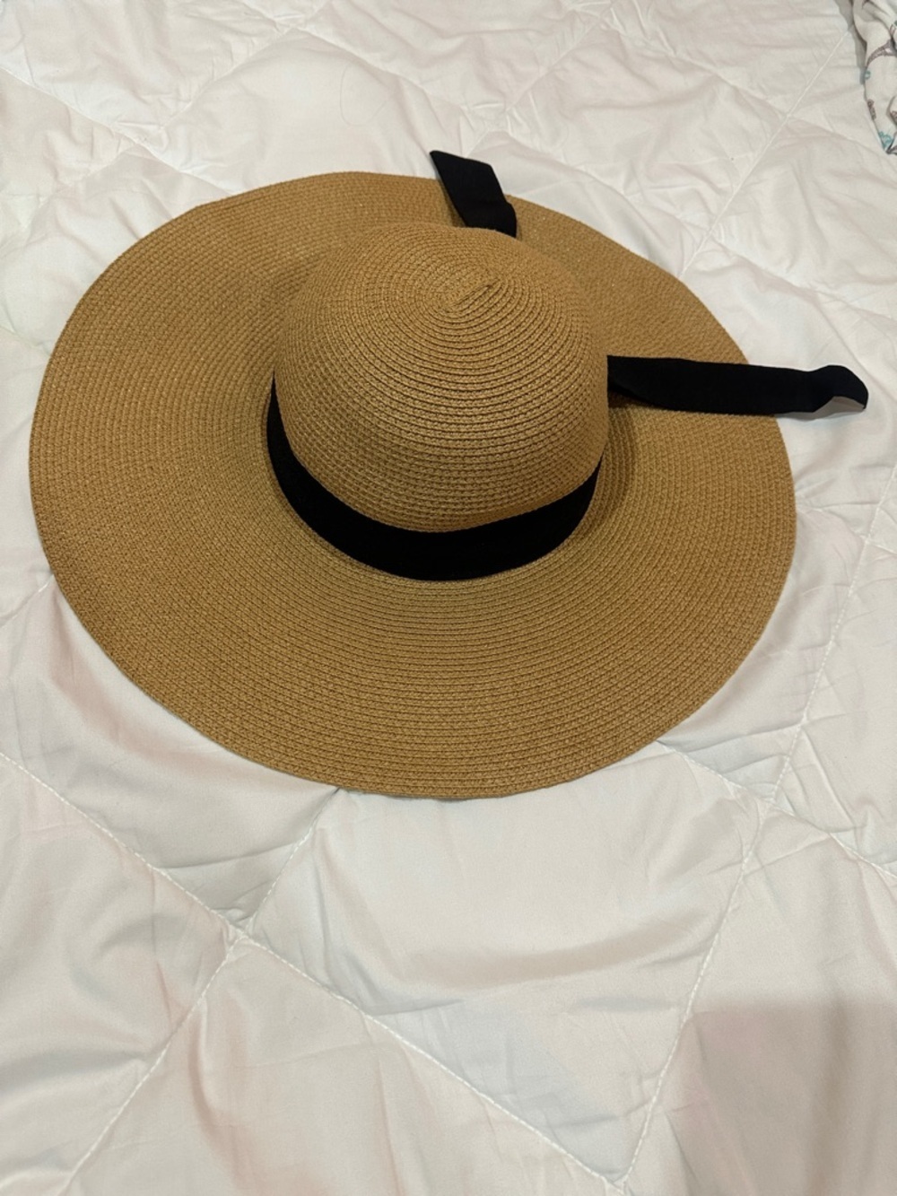 Women's Wide-Brim Straw Sun Hat with Black Ribbon - Brown